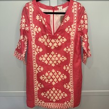 J. Crew Java 100% Linen Tunic Shift Dress 3/4 Sleeve V-Neck Coral Cream Size 06
