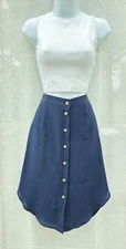 Madewell Island Skirt Silk Classy Office Front Buttons Elastic Waist Navy Sz S 