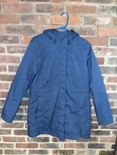 LL Bean Small Winter Coat Navy Blue Lined-Hood zipper snaps drawstring pockets