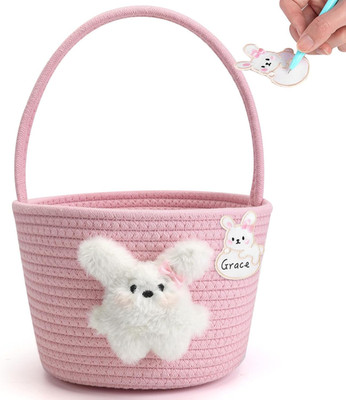 Pink Easter Basket for Kids, Reusable Woven Basket with Handle, Bunny Easter Gif