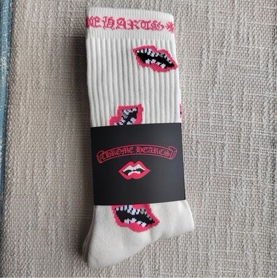 Chrome Hearts Women's Crew Socks White Pink Black Lips Pattern Mid Calf