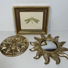 Set of 3 Vintage Miniature Gold Gallery Wall Display Dragonfly Print Sun Mirror