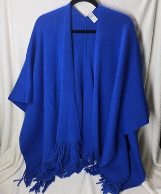 Chico's Women's Royal Blue Fringe Hem Wrap Shawl One Size Poncho Cape Overcoat