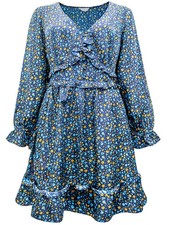 EX YOURS LADIES NAVY FLORAL FRILL DRESS SIZE 30 - 32 (REF R)