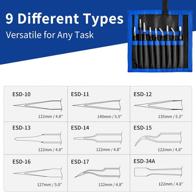 9 PCS Precision Tweezers Set ESD Tweezers Set, Anti-Static Steel Kit for Lab, El