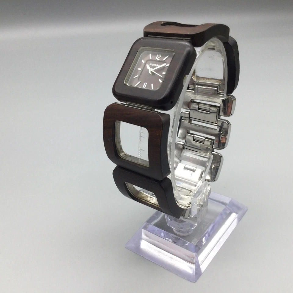 Fossil F2 Watch Women ES-1653 26mm Silver Tone Brown Wood Band New Battery 7.5" - image 4 of 4