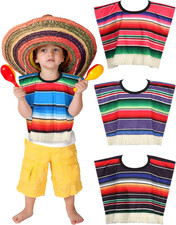 4Pcs Kids Mexican Serape Poncho Mexico Costume Cinco De Mayo Fiesta Outfit Set 