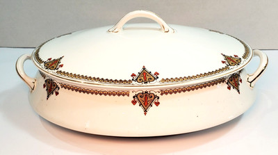 Steubenville Lidded Vegetable Bowl Red & Gold Heart Medallion Vtg Early 1900s