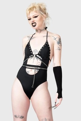 KILLSTAR Badeanzug - Black Hearted Ketten Riemen Nieten Gothic Goth Alternative