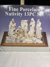 Nativity Set White Fine Porcelain Christmas with Gold Framed Mirror Base 13 Pcs