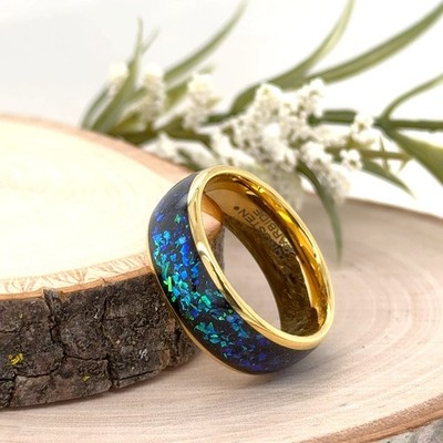 8mm Yellow Gold Tungsten Christmas Ring Blue Glitter Inlay Scratch-Proof Band