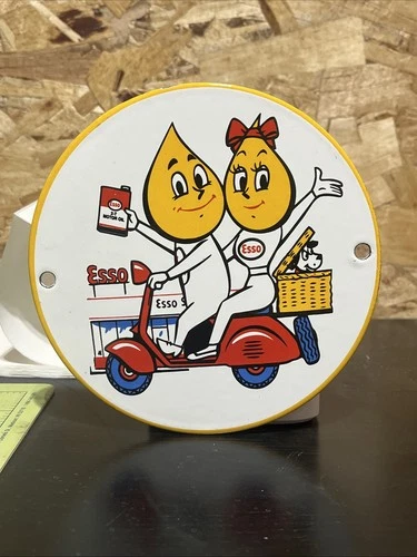 Vintage 6” ESSO Oil Drop Couple Scooter Porcelain Enamel Metal Gas Oil Sign