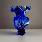 Fenton Celebration Vase Blue Floral Hand Painted Signed Bill Fenton Glass