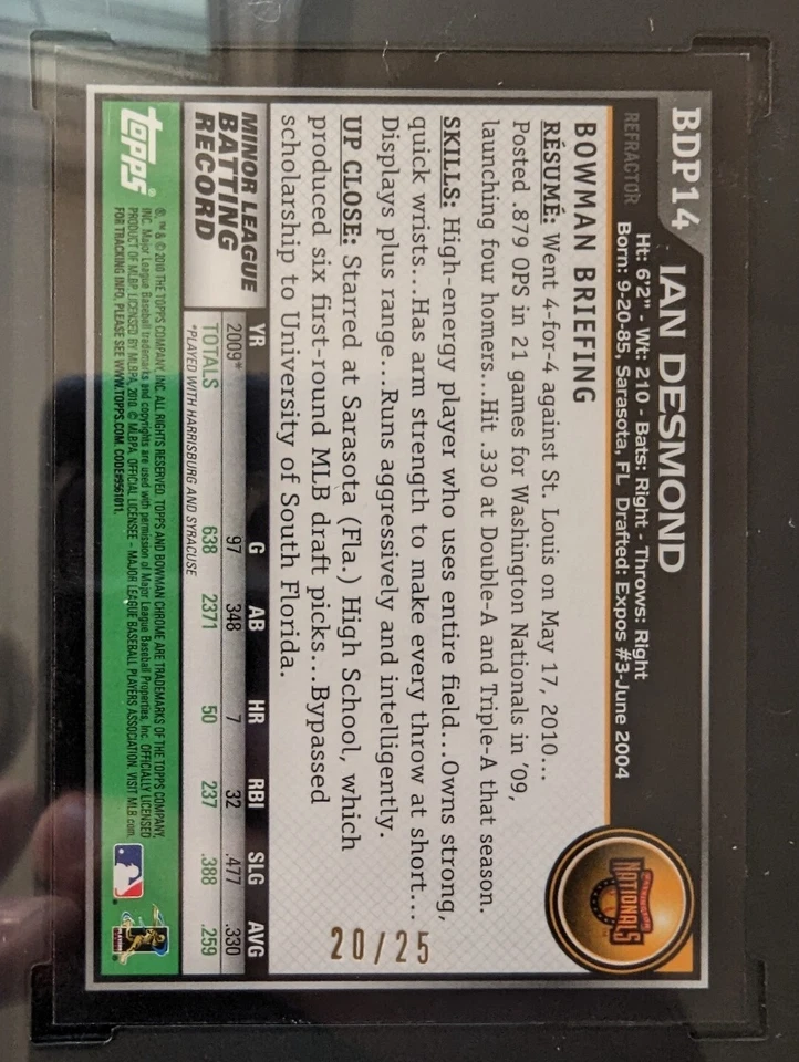 Bowman Chrome Draft 2010 Ian Desmond RC refractor naranja/25 SGC 9,5 como nuevo+ BDP14 Foto 4 de 4