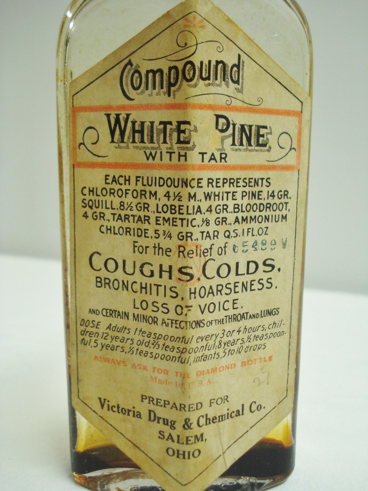 White Pine Tar Cough Syrup Diamond Shaped Medicine Bottle Salem OH Drug