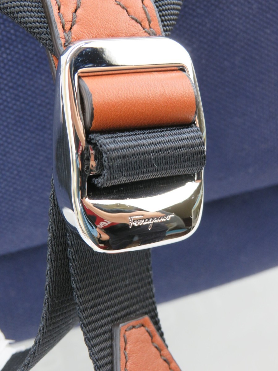 $1690 FERRAGAMO NAVY DENIM CANVAS TAN LEATHER TRIM 1927