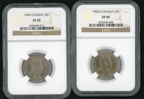 Canada 1902 25c NGC VF35, Canada 1902-H 25c NGC XF45 Lot of 2