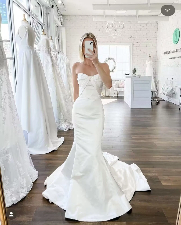 Vestidos de novia de satén de sirena sin tirantes blanco marfil tren de barrido vestidos de novia Foto 2 de 4