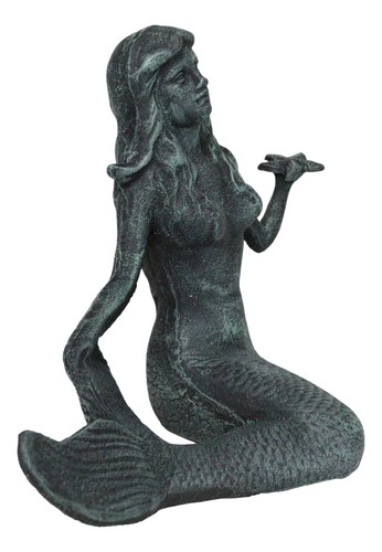 13 Zoll L Gusseisen große nautische Sirene Meerjungfrau hält Seestern Verdi grüne Statue - Bild 4 von 9