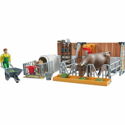 Bruder bworld Kuh- und Kälberstall mit Landwirt Spielfigur Spielzeug Figuren