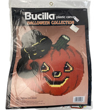 Vintage Bucilla Plastic Canvas Kit Halloween JOL Pumpkin Black Cat Wall Hanging