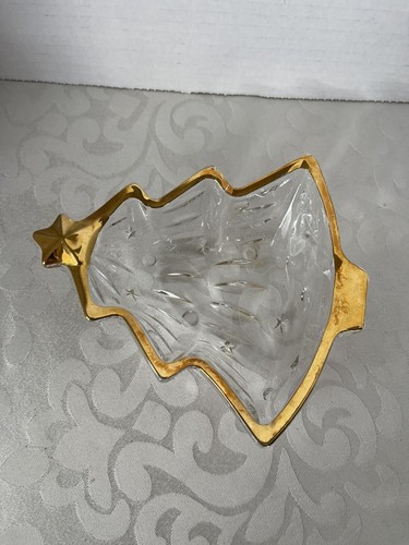 Godinger Gatherings Christmas Clear Glass Tree Bowl Dish Gold Trim - Picture 2 of 4
