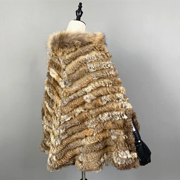 OFF WHITE Cappotto scialle donna invernale pelliccia di procione collo vera pelliccia di coniglio pelliccia intrecciata cappuccio