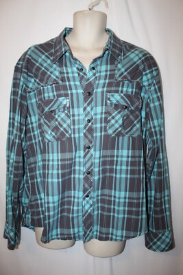 mens rock & roll cowboy western shirt XL pre-owned snap front green plaid