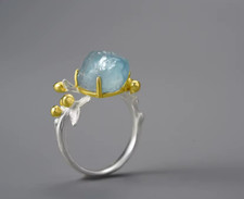 Natural Aquamarine Gemstone 925 Sterling Silver Leaf Art Handmade Ring Gift