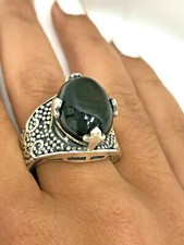 Black Onyx Oval Cabochon Statement Signet Ring in Sterling Silver Sz 7