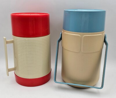 Pair of Vtg Thermos Blue Lid w/Hande & Aladdin Insulated Hy-Lo Red Lid