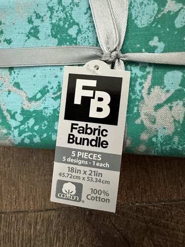 Fabric Fat Quarter Bundle 5 18”x21” Pieces Teal Metallic Blue Green - Picture 2 of 5