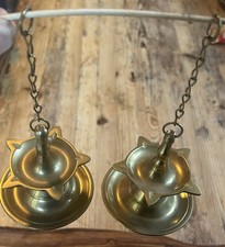 Vintage Pair of Solid Brass Hanging Diya Oil Lamps – Matching Set with Chains.