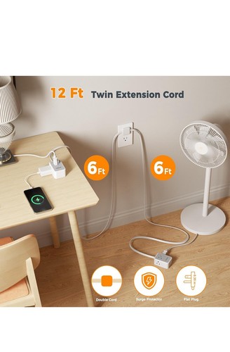TESSAN Twin Extension Cord 12 FT, Double Ended Flat Plug Surge Protector Power - 第 2/6 張圖片