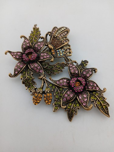 LA VINTAGE bronze tone multicolor pave crystals butterfly flowers pendant/brooch - Picture 2 of 10