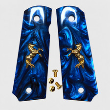 1911 Grips Full Size Fit Colt Springfield Grips Blue Pearl Wgold Horse Screw