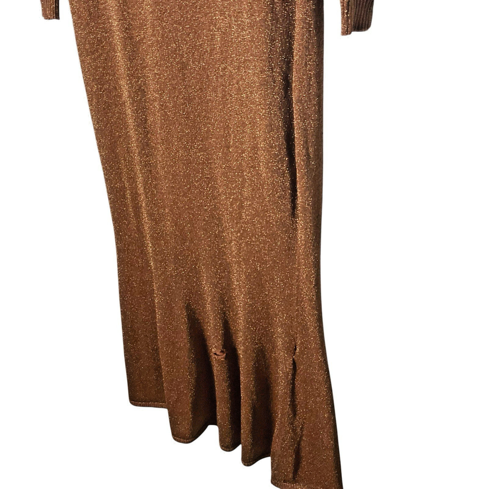 Ronny Kobo Sheer Metallic Dress Long-Sleeve Mock Neck Bronze Medium *READ FLAW*