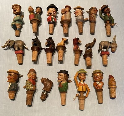 21 Carved Wooden Cork Wine Stoppers  Working Mechanical Levers Italy Switzerland