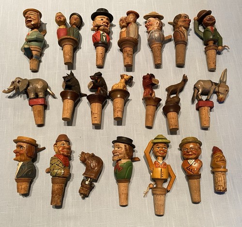 21 Carved Wooden Cork Wine Stoppers Working Mechanical Levers Italy Switzerland