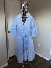 Saks Fifth Avenue Dress Womens Small Blue Tiered Linen Short Sleeve Summer Light