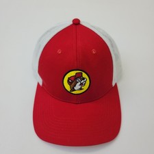 Buc-ees Trucker Hat Red White Mesh Snapback Baseball Cap Beaver Mascot Logo