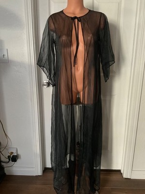 VTG Black Nylon Chiffon Peignoir Robe Lingerie Gown