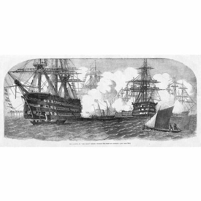 Ihre Majestät im Schiff die Fee auf dem Weg durch die Flotte - Antikdruck 1855