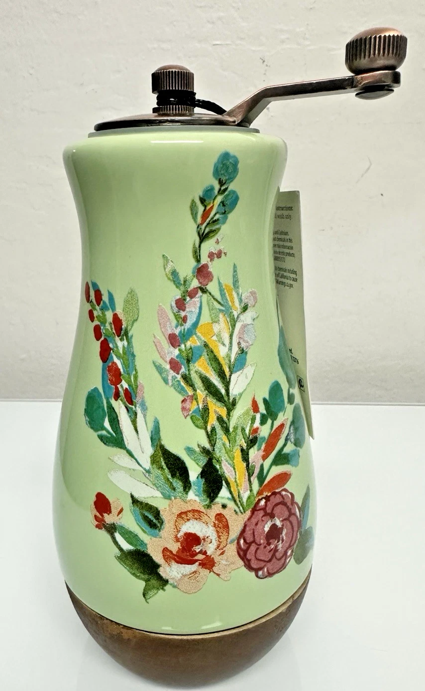 The Pioneer Woman Painted Meadow Ceramic Pepper Mill with Acacia Wood Base D2