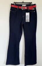 Almost Famous Mid Rose Bootcut Dark Blue Jeans w/ Red Belt Sz 11  32 x 32 NWT