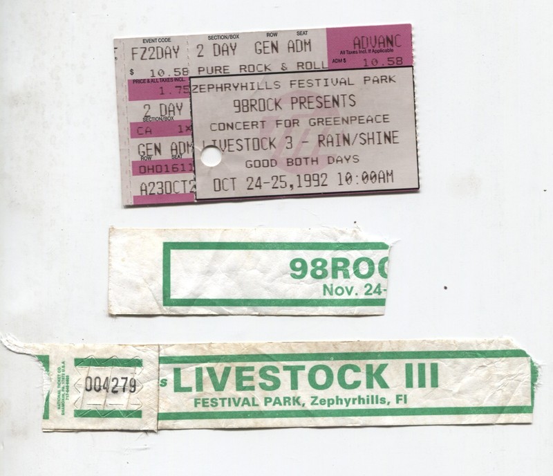 98rock Presents Livestock 3 ticket stub and wristband October 24-25 1992