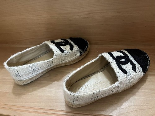 CHANEL Tweed Canvas Espadrilles Slip-On White With Coco Mark Logo Spain Used - Picture 9 of 12