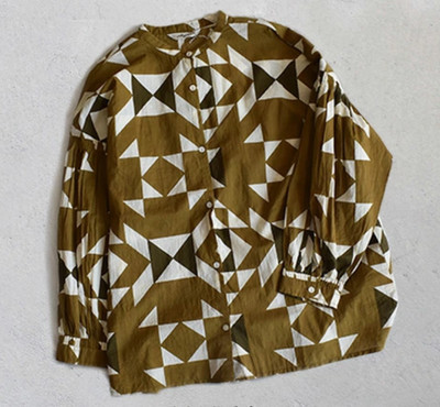 ICHI Antiquites Cotton Long Blouse Band Collar Block Print MINT