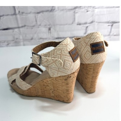 TOMS Wedge Sandals Womens 7.5 Tan Cork Platform Espadrille Ankle Strap Shoes