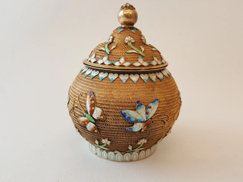 Antiguo tarro chino de plata esterlina esmalte dorado cloisonne tapa mariposa RARO Foto 4 de 4